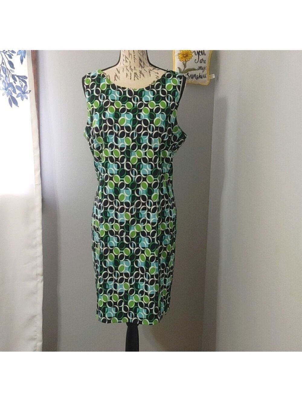 Retro! Dressbarn Geometric Sheath Sleeveless Dress Lime Green Aqua Blue Sz 16